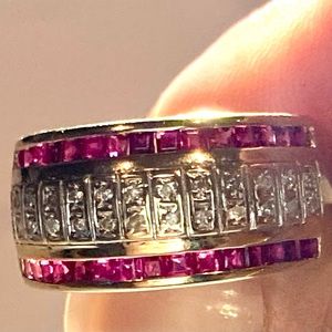 Vintage 14k Yellow Gold Red Ruby Diamond Band Statement Ring Sz 8
